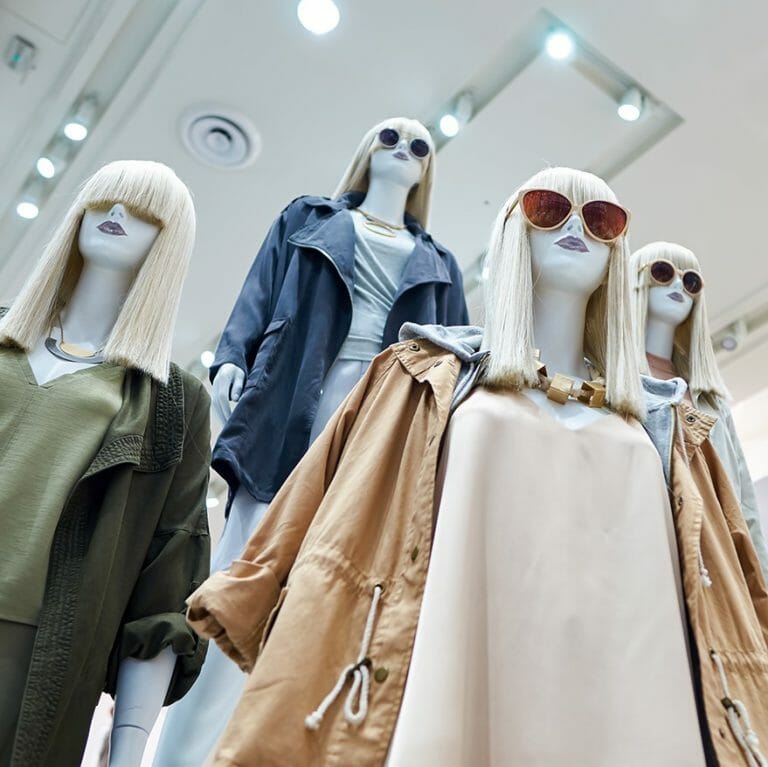 Mannequins wearing sustainable clothing