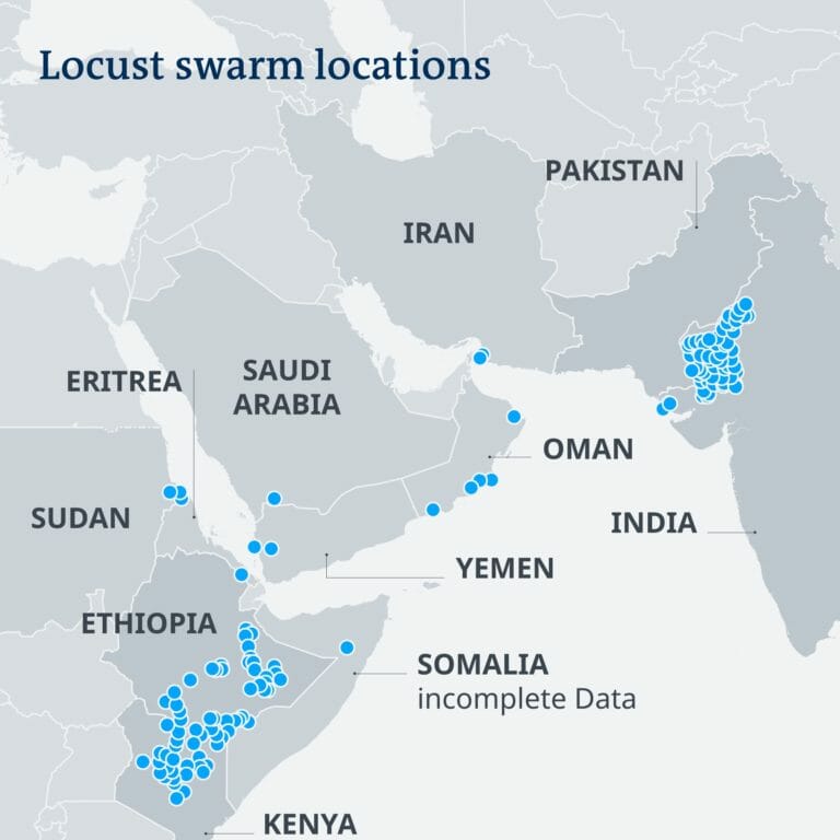 Map showing locust swarm locations