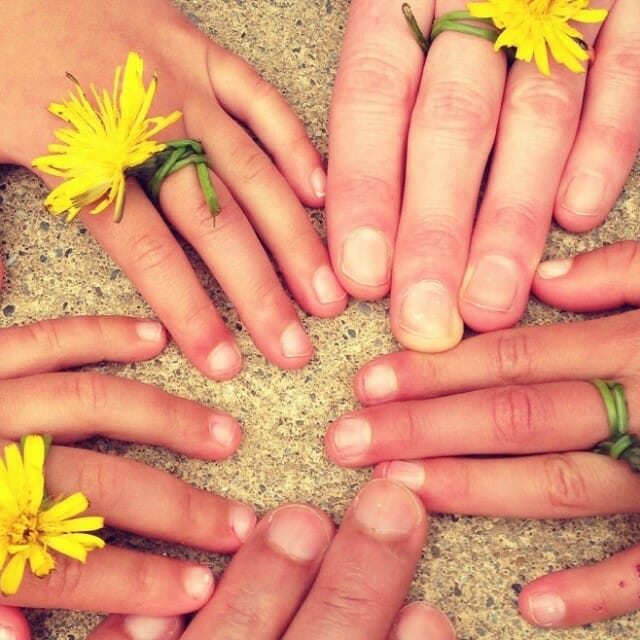 Five hands together with yellow daisies on their ring fingers