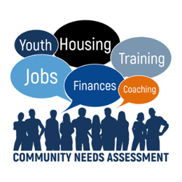 graphic with title "community needs assessment" with speech bubbles that say: youth, housing, jobs, finances, coaching, training