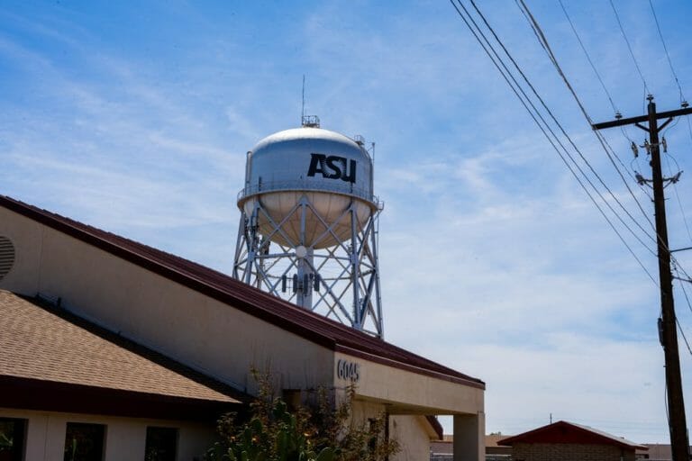The water tower on the ASU Polytechnic campus in Mesa is pictured on Wednesday, April 14, 2021. ASU and MECHnano, a nanotechnology company, have partnered to develop a lab on the Polytechnic campus. Photo by Alex Gould | The State Press
