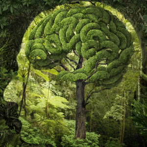 Tree that looks like a brain inside profile of head